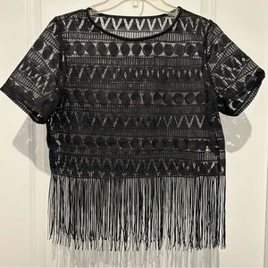 New black sheer short sleeve top with fringe by SHEIN.